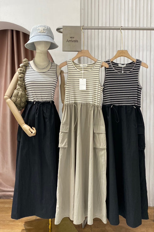 MATINEE Color Contast Sleeveless Adjustable Waist Drawstring Dresses